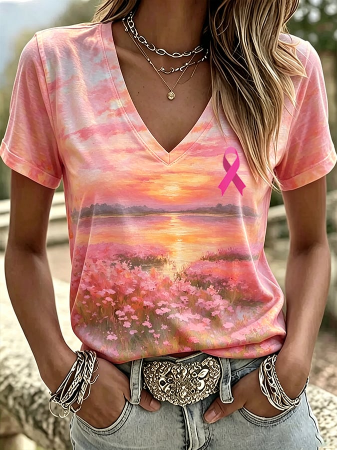 Women'S Breast Cancer Promotional Print Short Sleeved T-Shirt