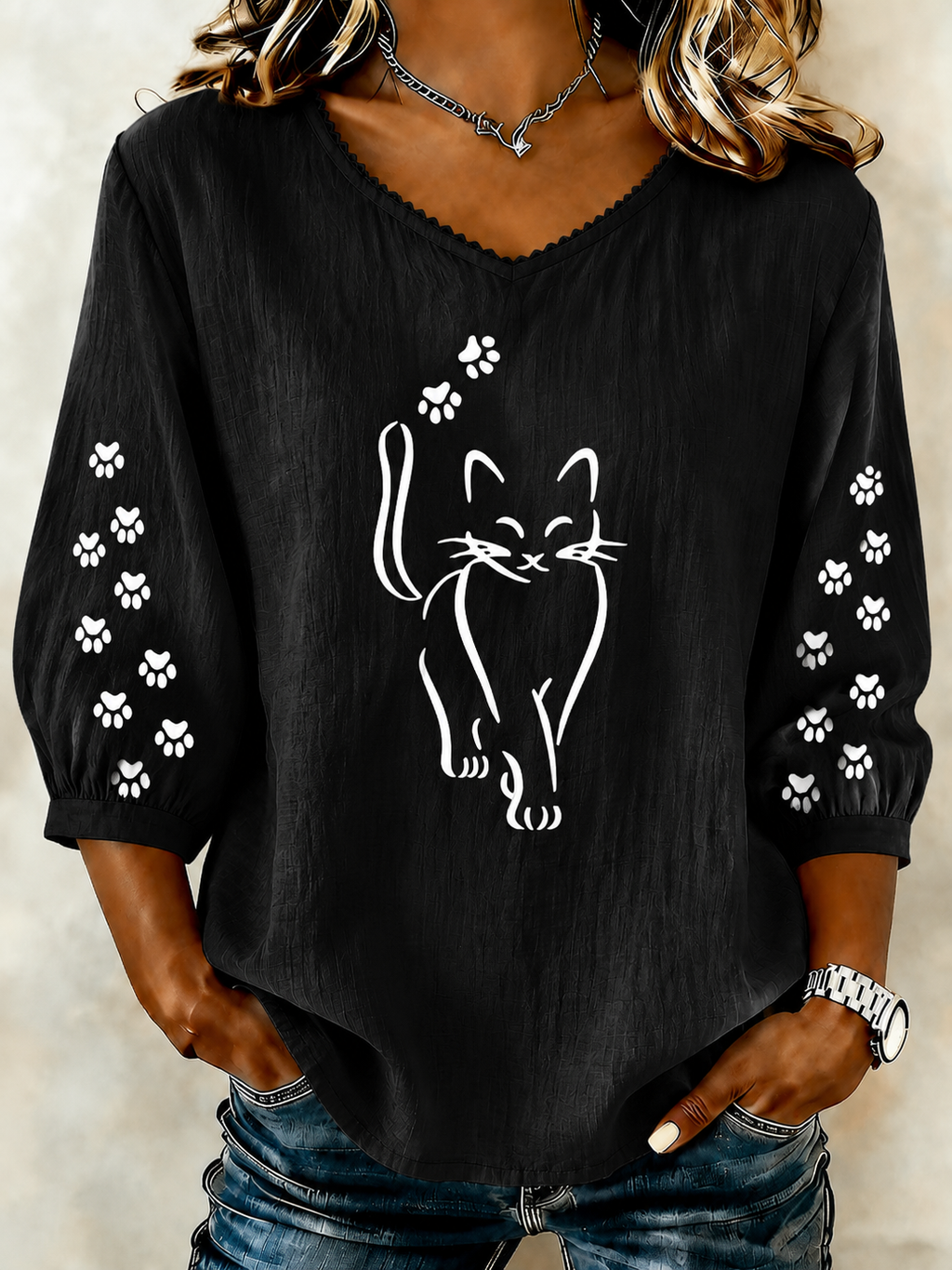 Elegant Cat Print Round Neck Top For Women'S Clothing