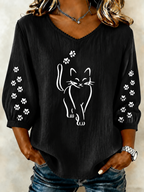 Elegant Cat Print Round Neck Top For Women'S Clothing