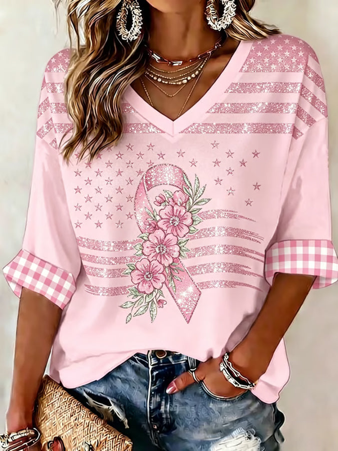 Women'S Breast Cancer Ribbon Print T-Shirt