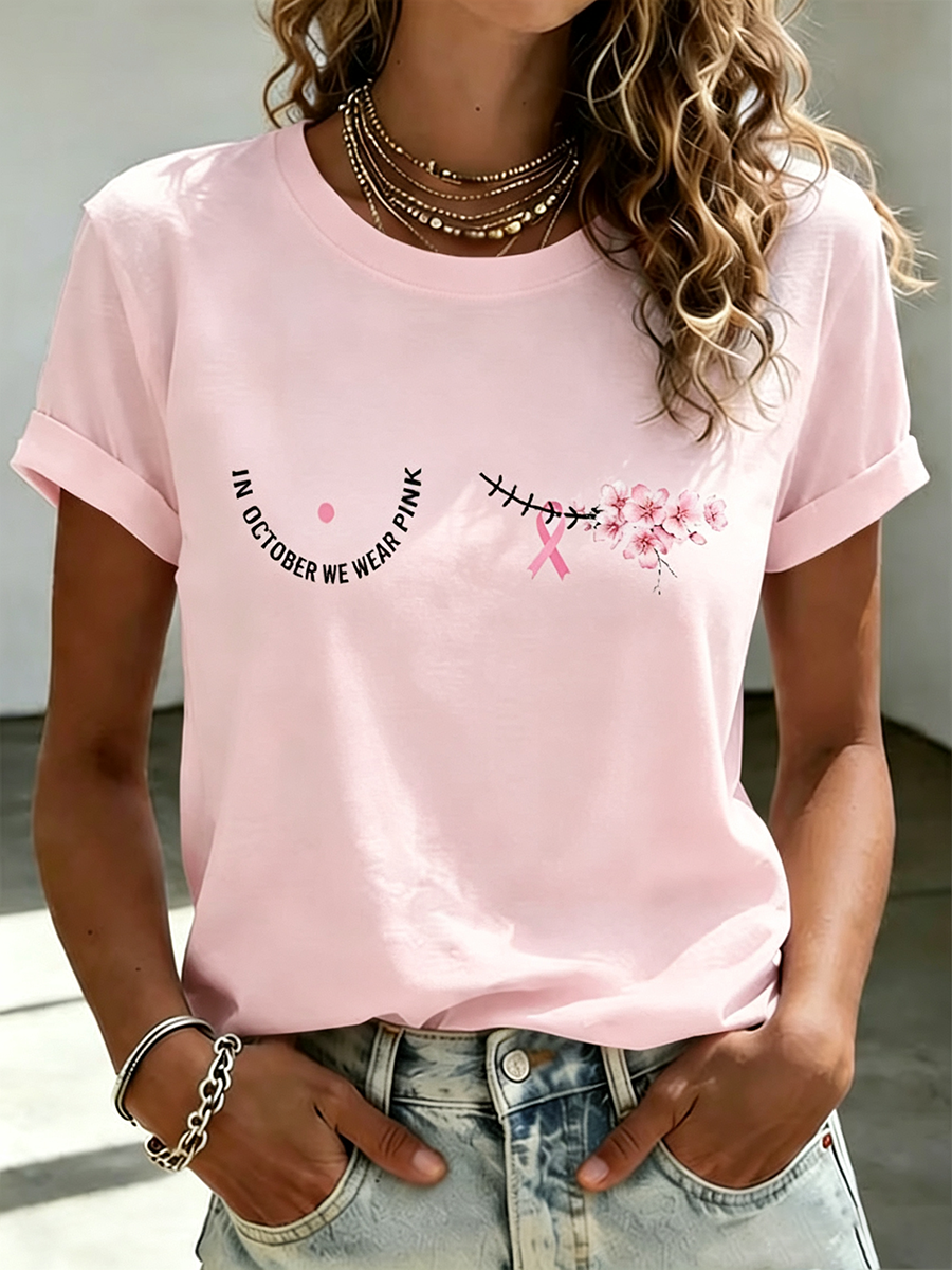Women's Casual Breast Cancer Awareness Printed T-Shirt