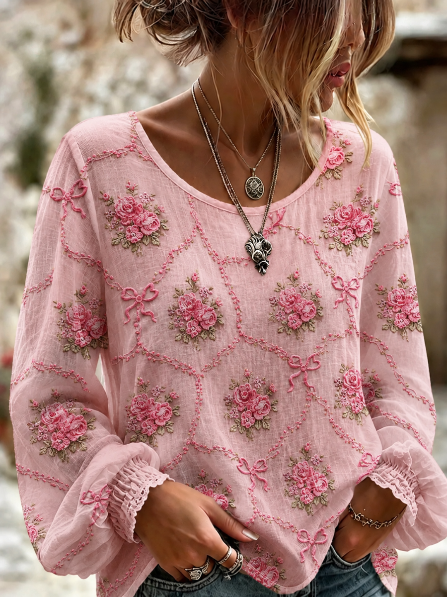 Women's Cotton Linen Flower Long Sleeved Shirt