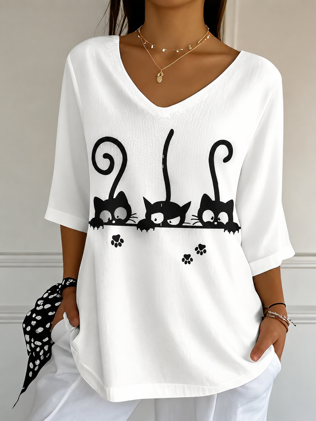 Women'S Cat Printed Casual T-Shirt
