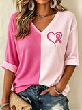 Women'S Casual Color Contrast Breast Cancer Waffle T-Shirt
