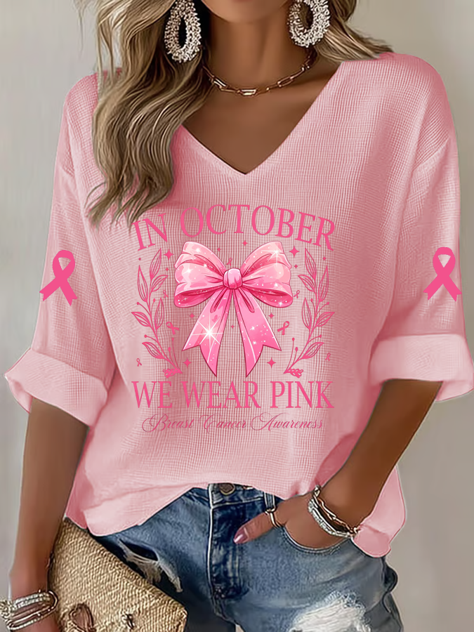 Women'S In October We Wear Pink  Print Waffle  Top