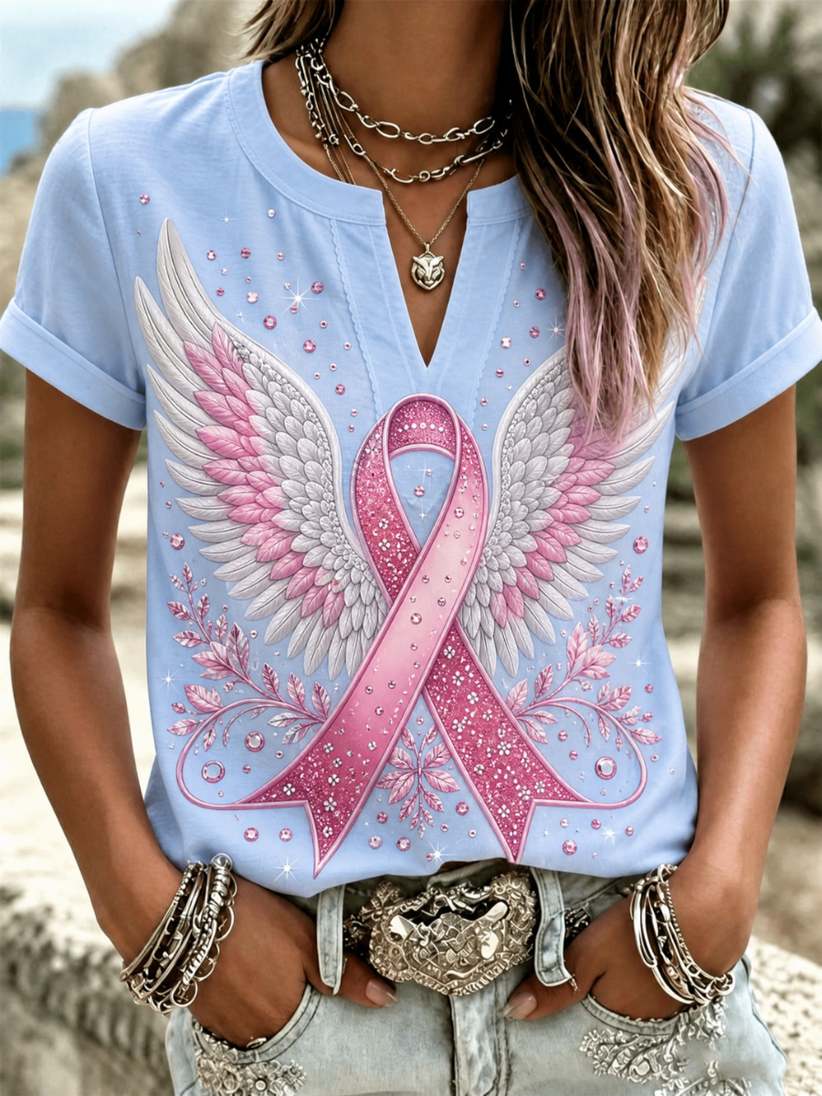 Women's Casual Breast Cancer Promotion Pink Art cotton and linen short sleeved shirt