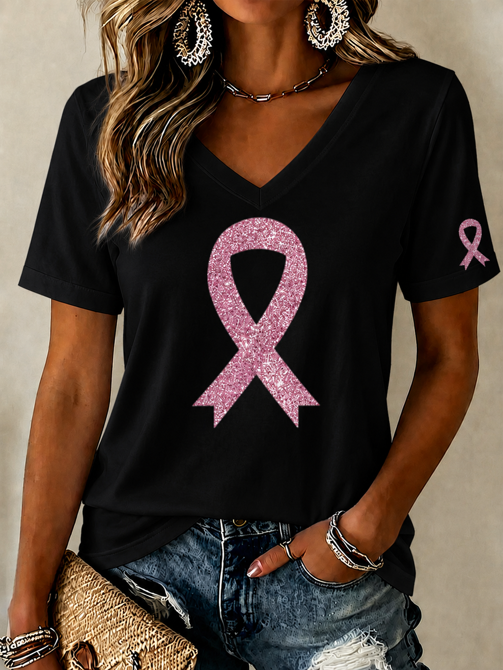 Women'S Breast Cancer Prevention And Control Propaganda Printed Short Sleeved T-Shirt