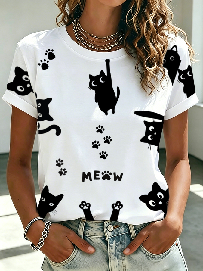 Women's Cute Cat Printed Casual T-shirt