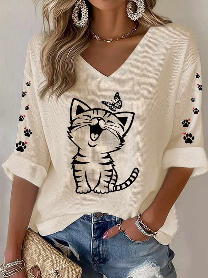 Women's Cute Cat Print Waffle T-shirt