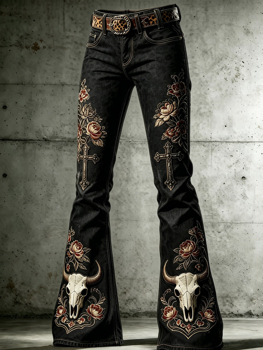 Women's Retro Western Style Art Print Flare Printed Flared Trousers