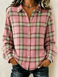 Women's Pink Plaid Print Lapel Long Sleeve Shirt