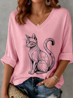 Women's Cat Lover Geometric Black Cat Printed V-neck T-shirt