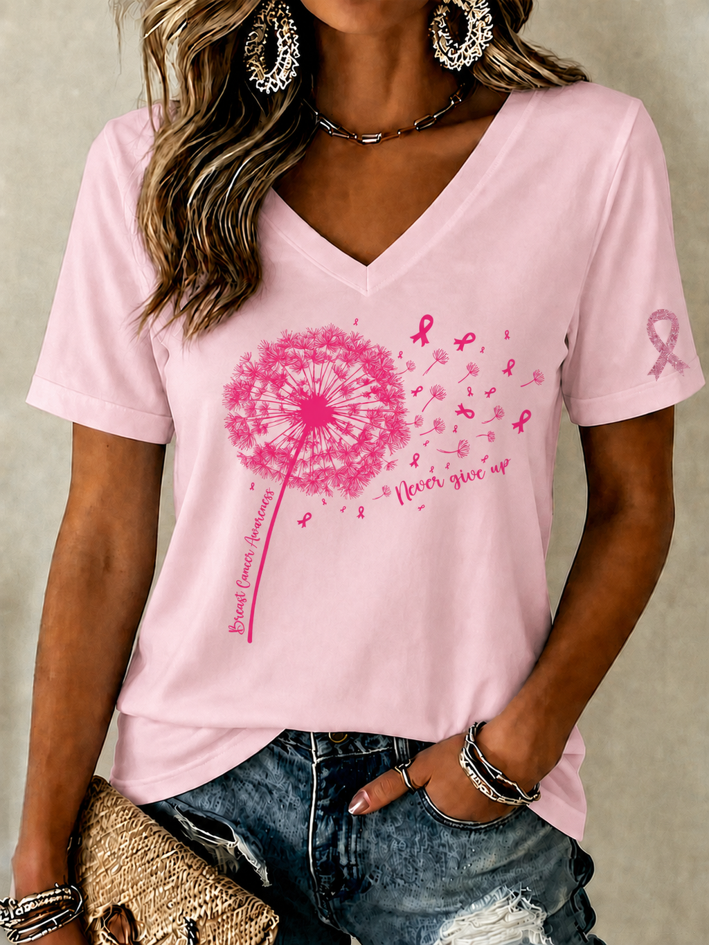 Women'S Breast Cancer Prevention And Control Propaganda Printed Short Sleeved T-Shirt
