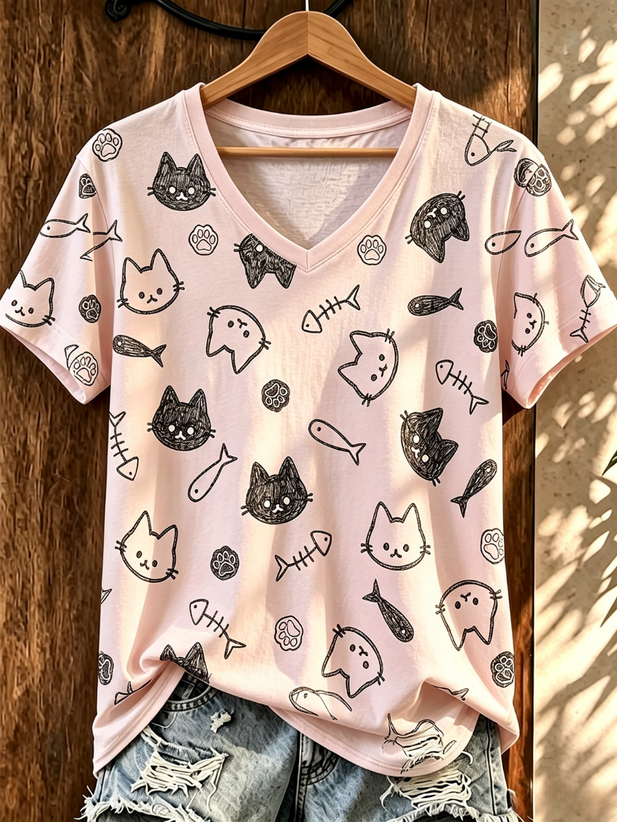 Women's Cat Printed V-Neck T-Shirt