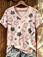 Women's Cat Printed V-Neck T-Shirt