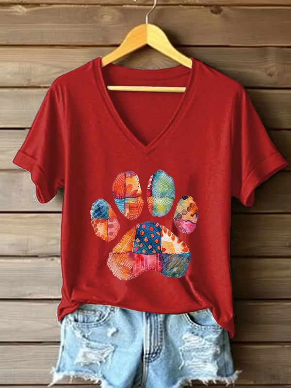 Women'S Colorful Cat Claw Printed V-Neck T-Shirt