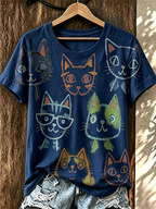Women'S Fun Cat Sketched Round Neck T-Shirt