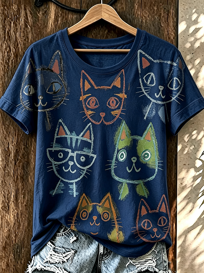 Women'S Fun Cat Sketched Round Neck T-Shirt