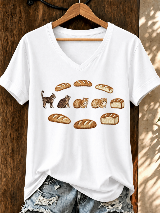 Women'S Cat Printed V-Neck T-Shirt