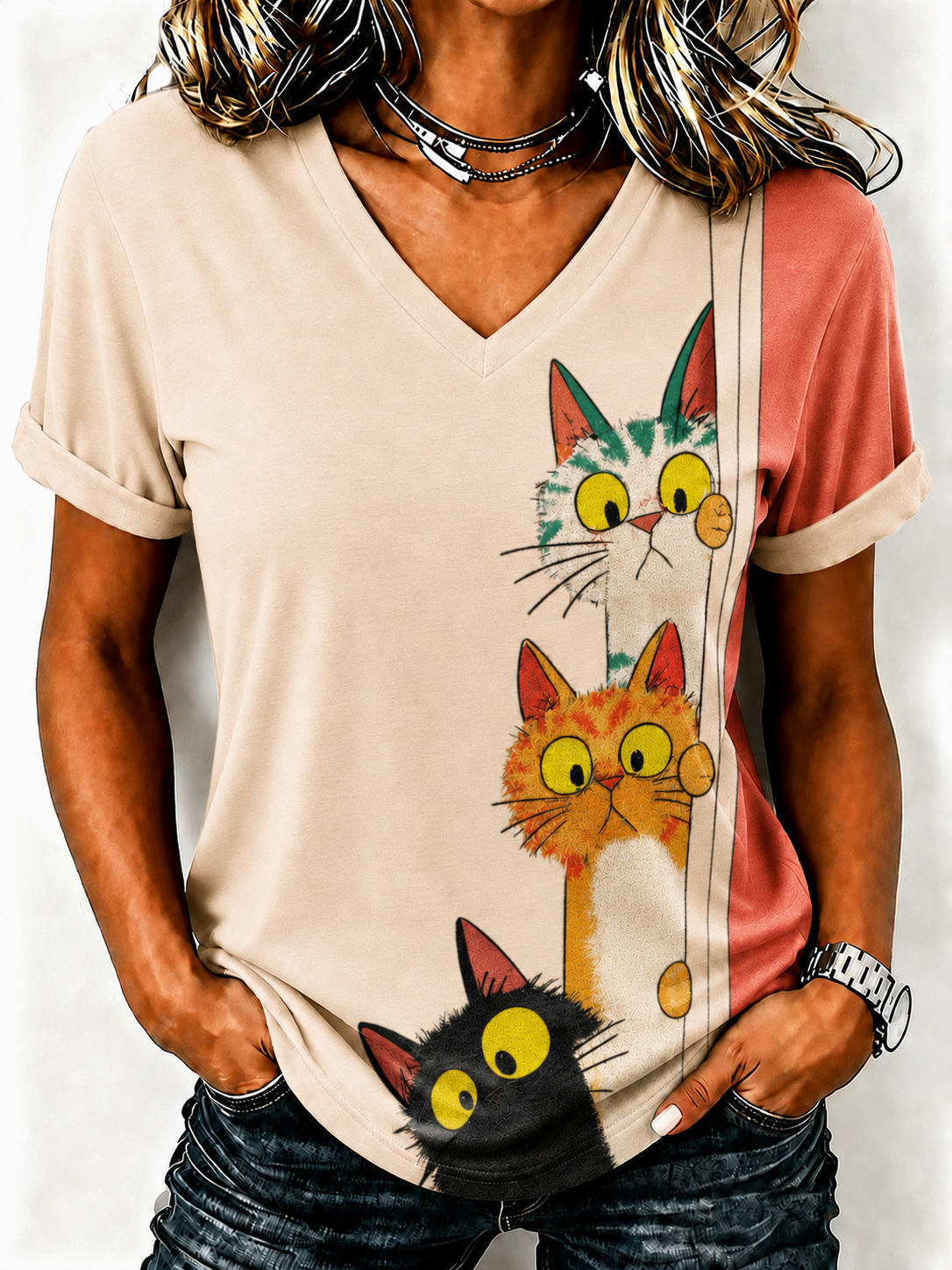 Women'S Cute Cat Printed Casual T-Shirt