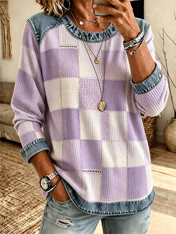 Women's Checkered Patchwork Trim Waffle Knit Long Sleeve Top