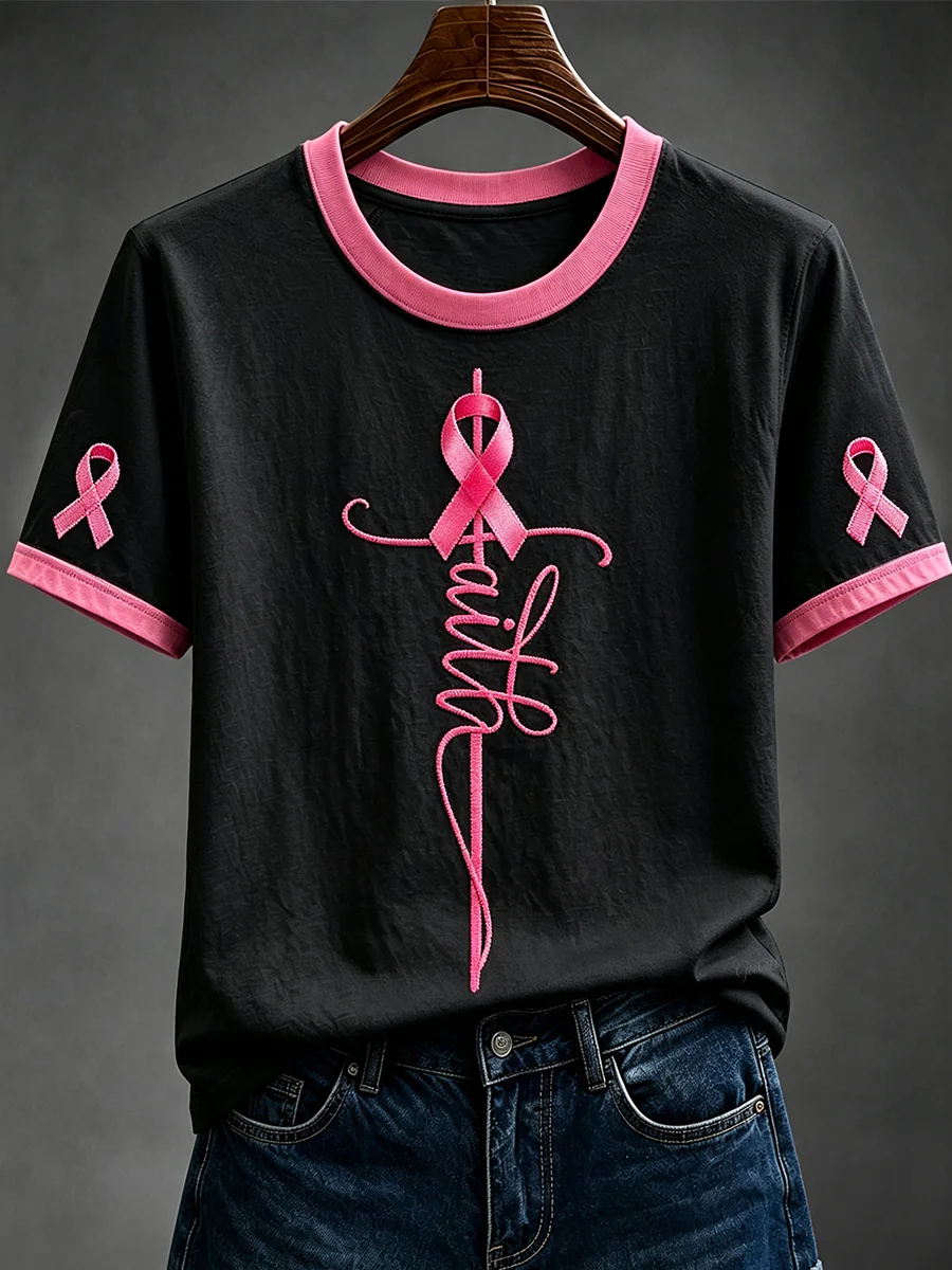 Women'S Faith Pink Ribbon Print Round Neck Short-Sleeved T-Shirt