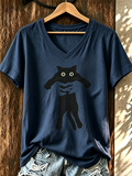 Women'S Cute Cat Printed Casual V-Neck T-Shirt