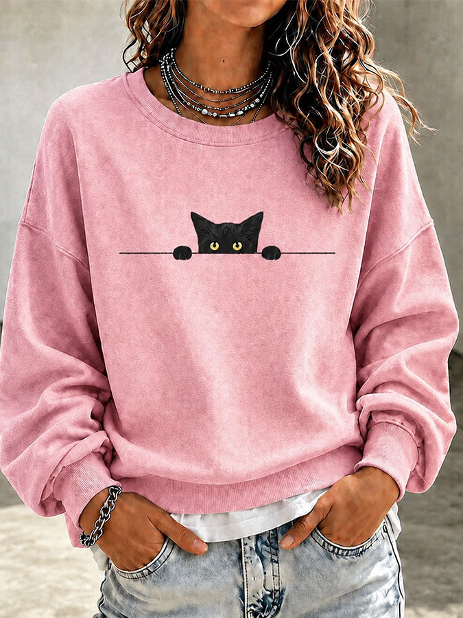 Women'S Casual Black Cat Art Printed Sports Shirt