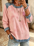 Women'S Denim Fabric Splicing Print Waffle Style Sweatshirt