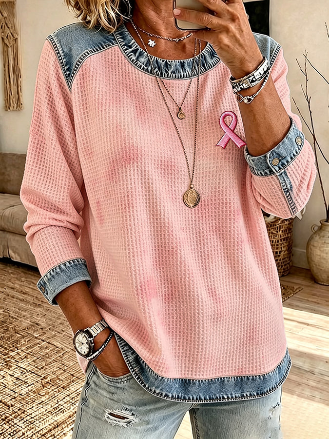 Women'S Denim Fabric Splicing Print Waffle Style Sweatshirt