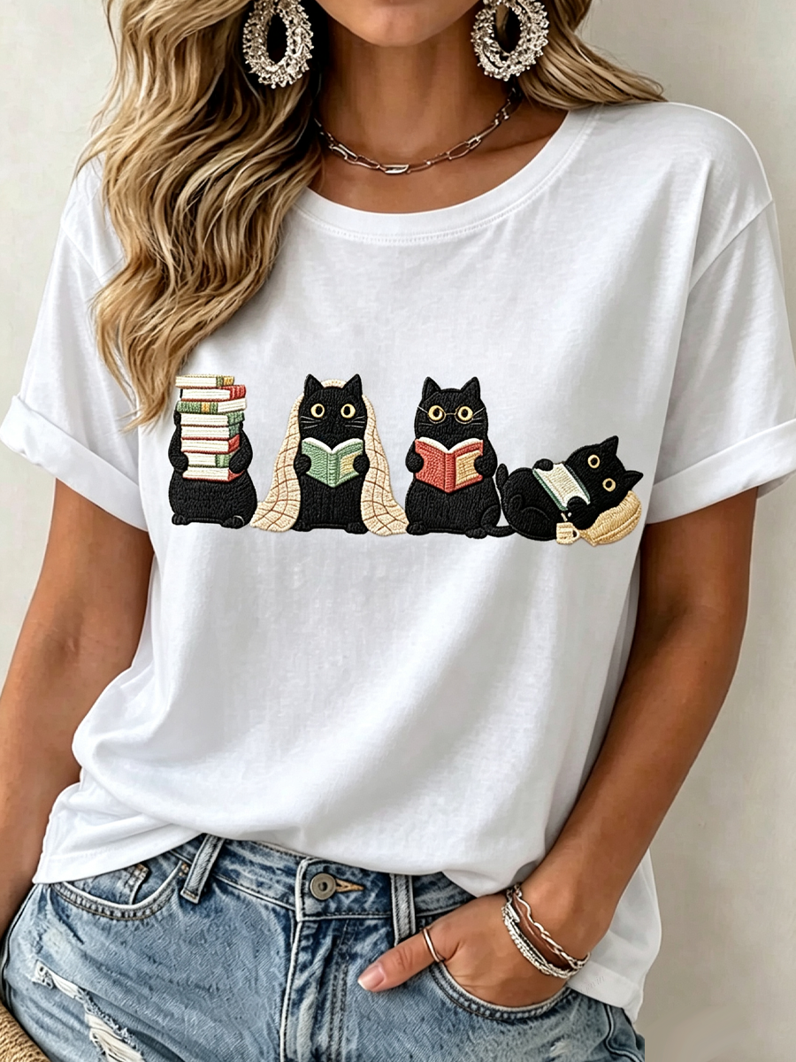 Women'S Black Cats Reading Funny Printed Casual T-Shirt