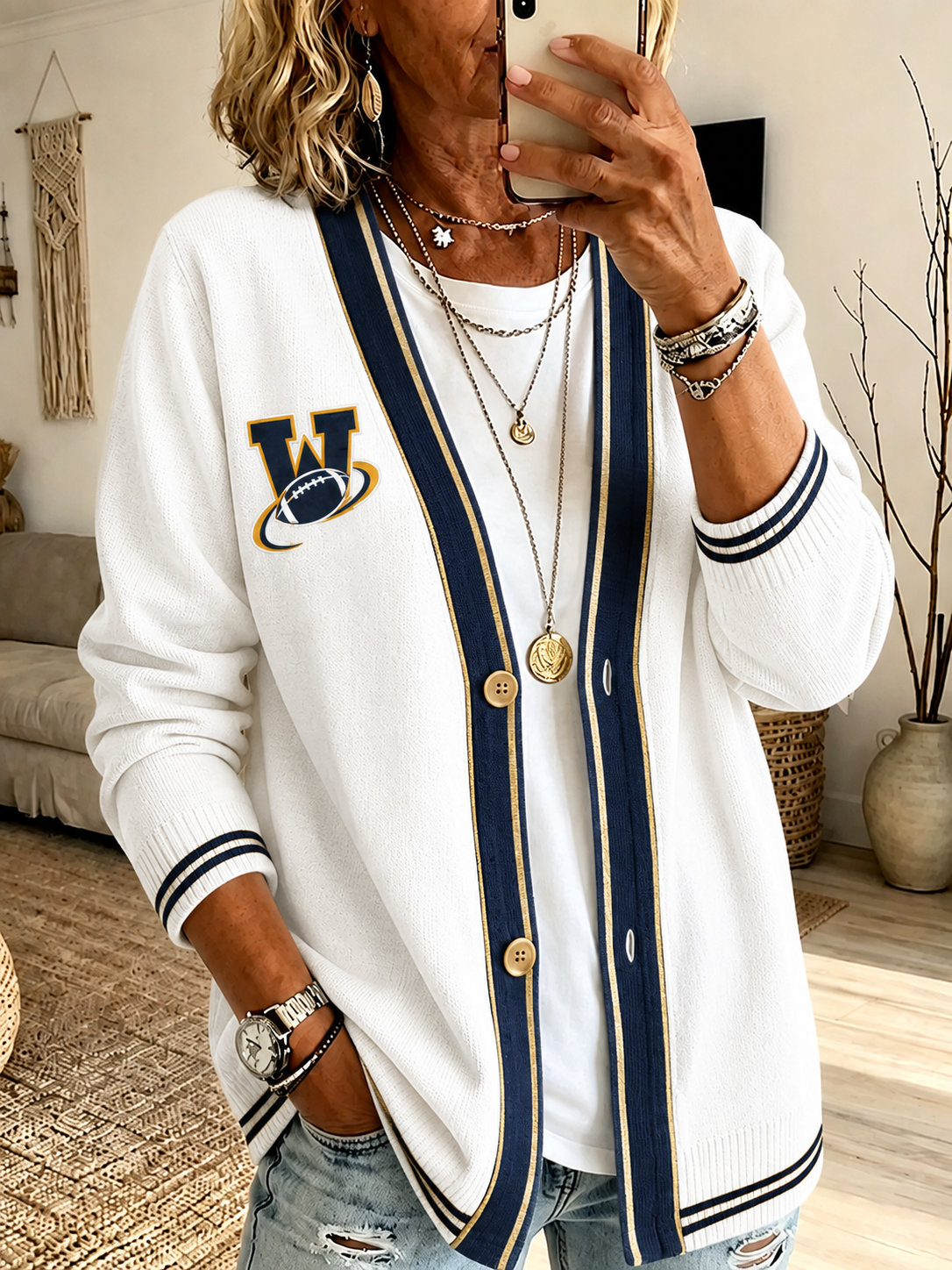 Women'S Football Print Cardigan