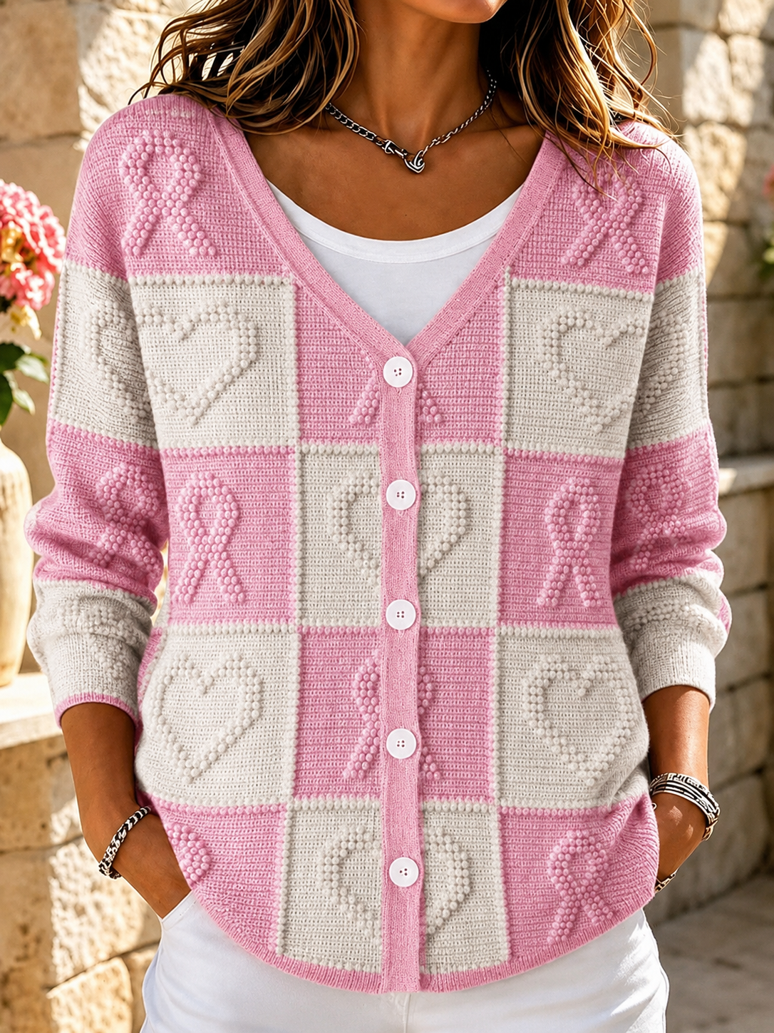 Women'S Breast Cancer Awareness Publicity Print Casual Cardigan