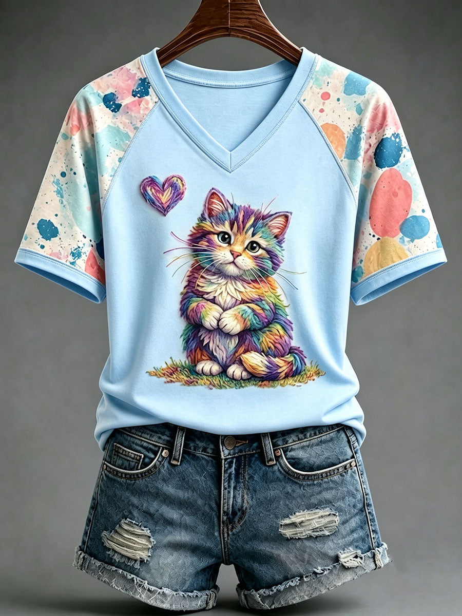 Ladies' Cute Cat Pattern Short Sleeve T-Shirt