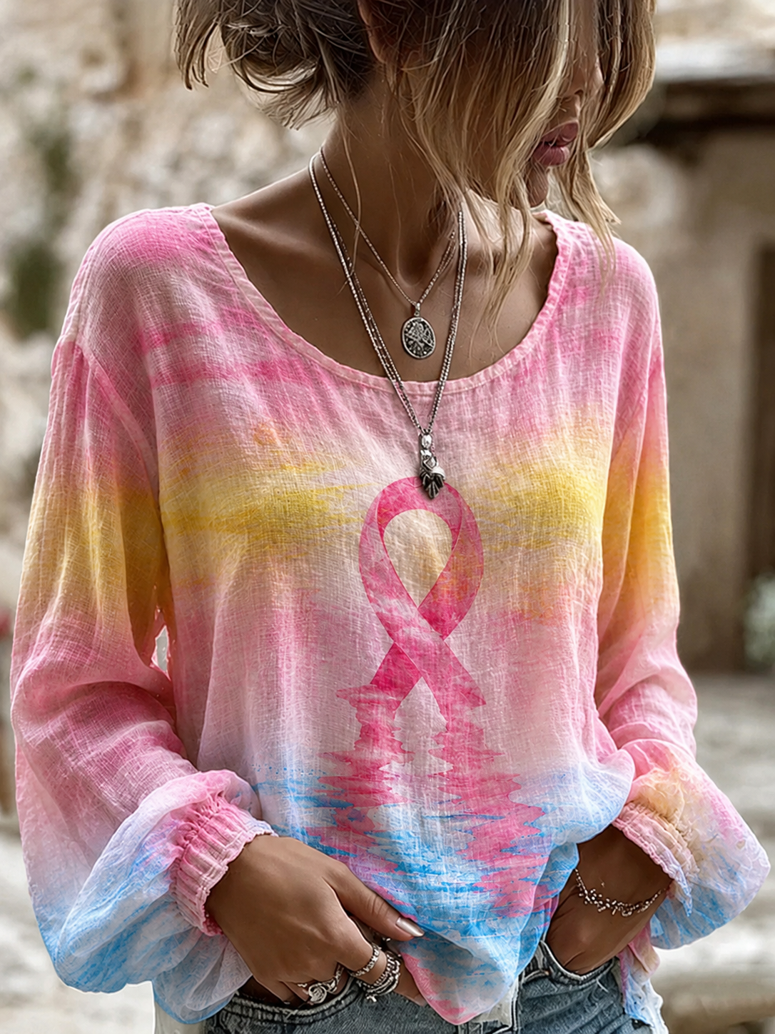 Women'S Vintage Breast Cancer Awareness Print Top