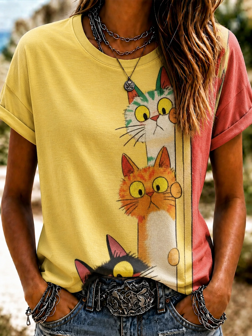 Women'S Cute Cat Art Printed Round Neck T-Shirt