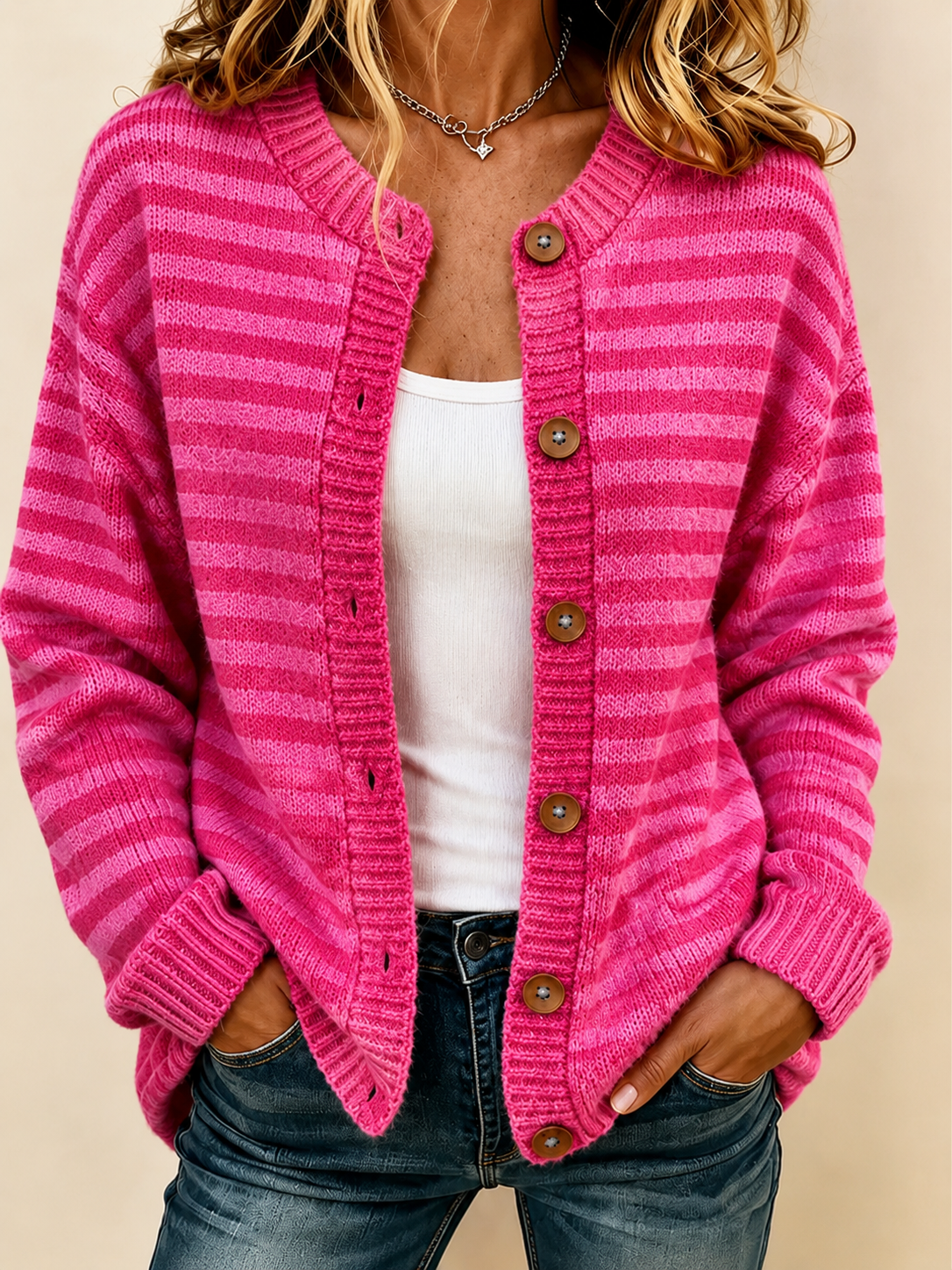 Women'S Casual Striped Knitted Cardigan