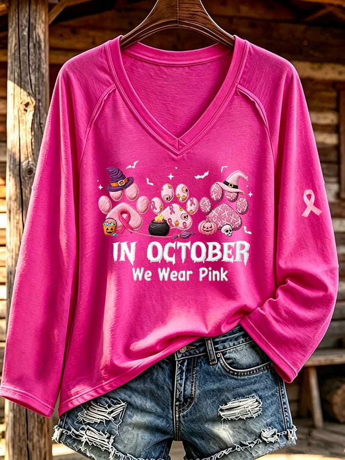 Women'S In October We Wear Pink Printed Long Sleeve T-Shirt