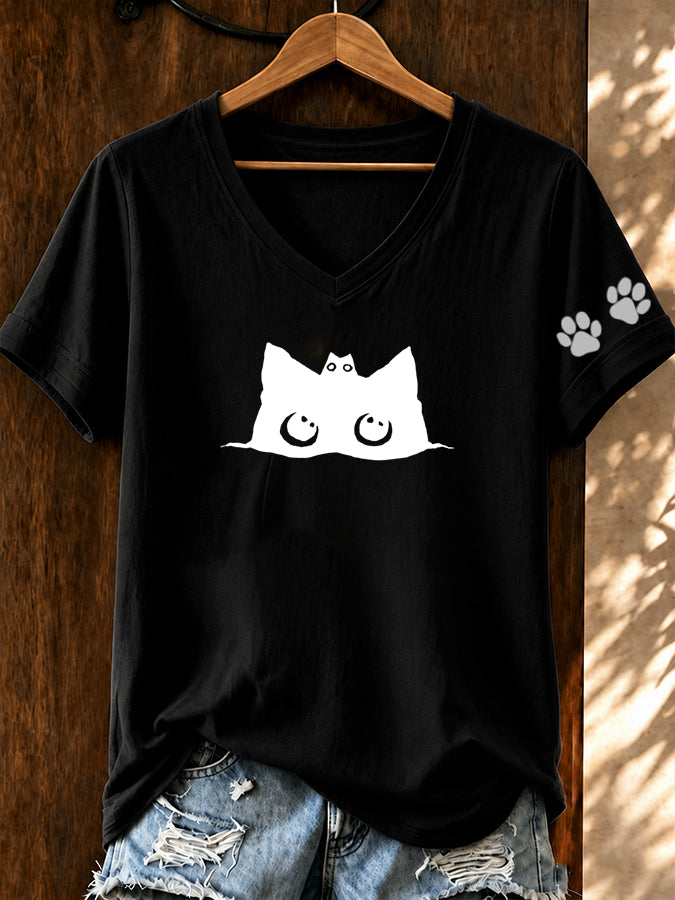 Women'S Heartbeat Cat Printed V-Neck T-Shirt