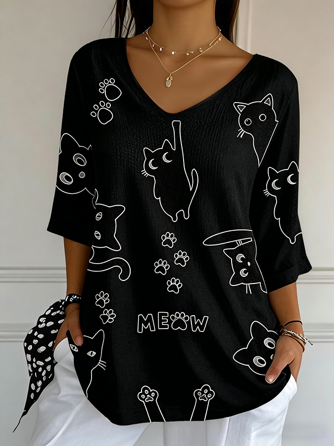 Women'S Cat Printed Casual T-Shirt