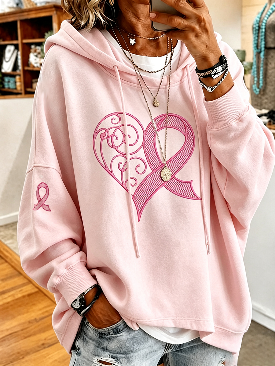 Women's Breast Cancer Awareness Love Embroidery Hooded Sweatshirt
