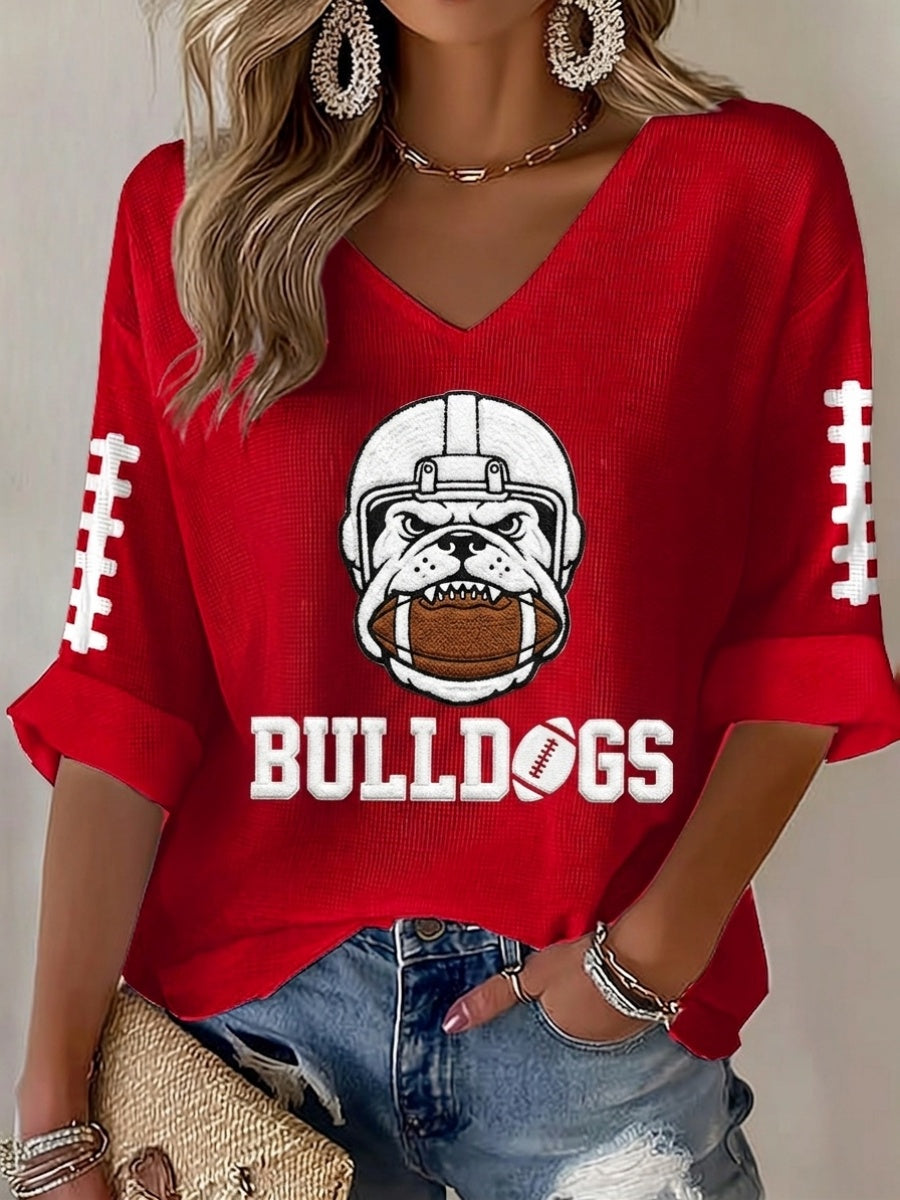 Women'S Football Print Waffle V-Neck Top