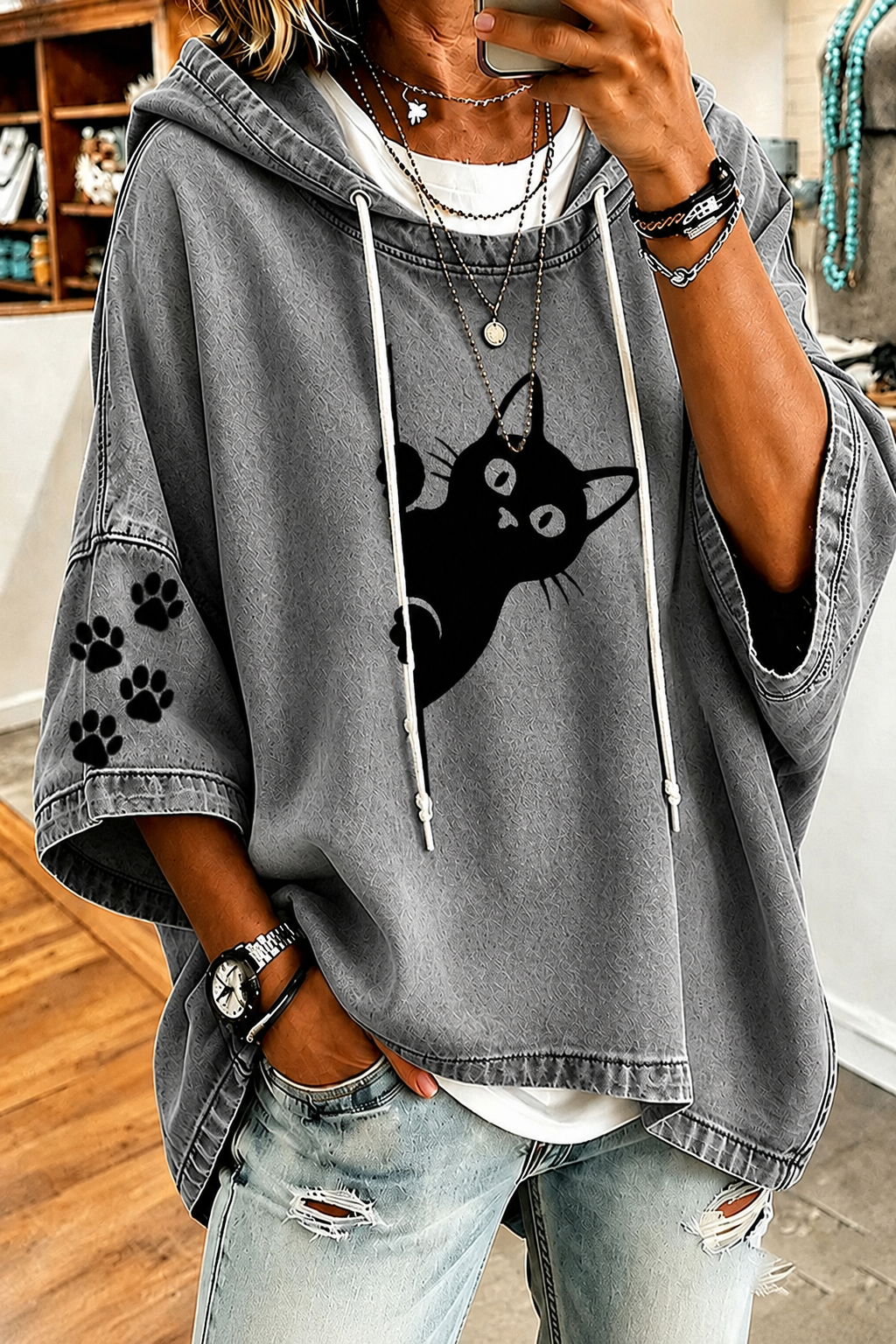 Women'S Cat Beachhead Peeking At Printed Casual Hoodie