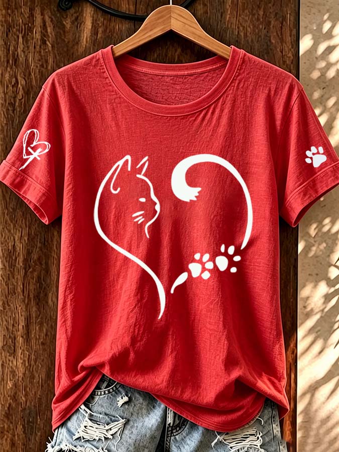 Women'S Fun And Cute Cat Claw Printed Round Neck T-Shirt