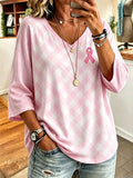 Women'S Casual Pink Art V-Neck 7-Inch Sleeve T-Shirt