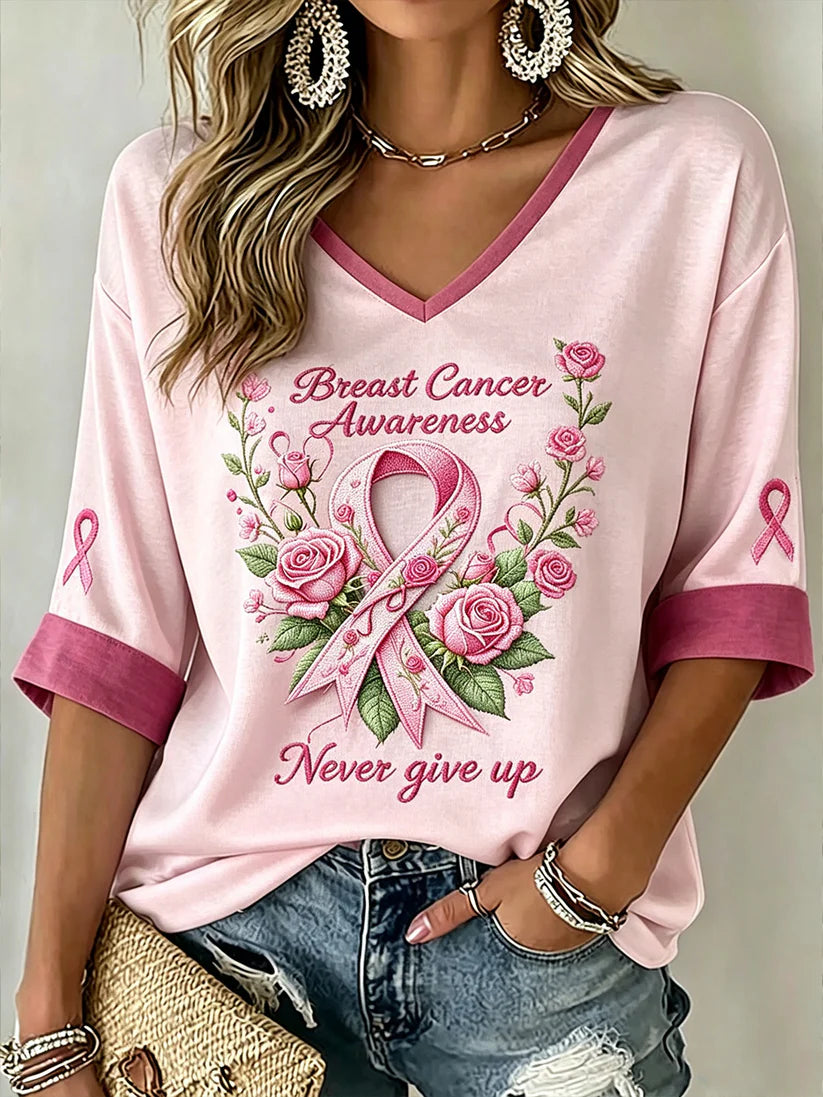 Women'S Cancer Awareness Prevention And Treatment Printed Medium Long Sleeve Tube V-Neck Top