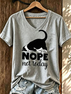 Women'S Cute Cat Printed Casual V-Neck T-Shirt