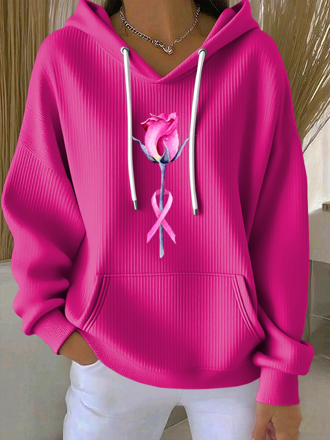 Women'S Breast Cancer Awareness Flowers  Printed Casual Hoodie