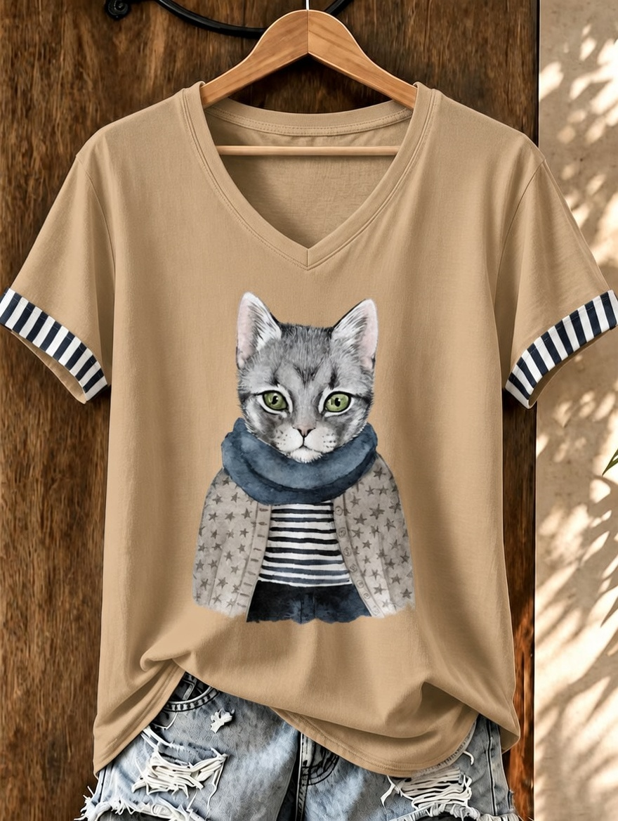 Women'S Cute Cat Printed Casual V-Neck T-Shirt