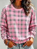 Ladies' casual checkered printed round neck top